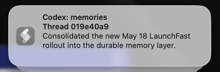hasaamb's tweet photo. @Codex has started dreaming if you have memories turned on. (Consolidates chats / memories end of night automatically)

Caught it in my notification hook https://t.co/HlgpYl9RB1