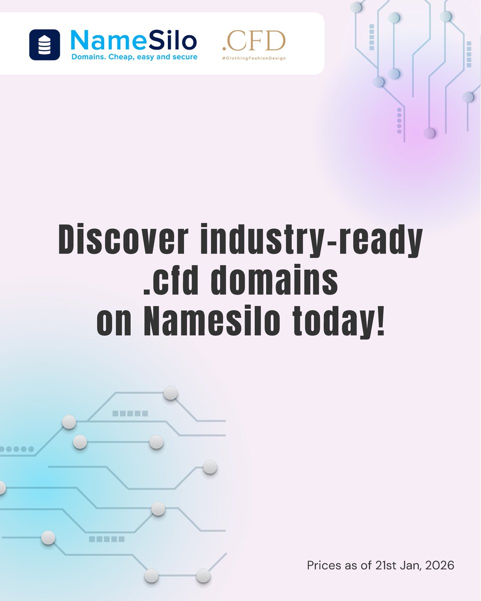 ShortDotDomains's tweet photo. Short. Meaningful. Industry-ready.
Discover https://t.co/zNITM8lHYT and more .cfd domains on @namesilo today.

#Domains #DomainNames #WebsiteName #Branding #OnlineBranding #NewDomains #NameSilo #ShortDot #FashionTech https://t.co/ZwuszQ6ZFd