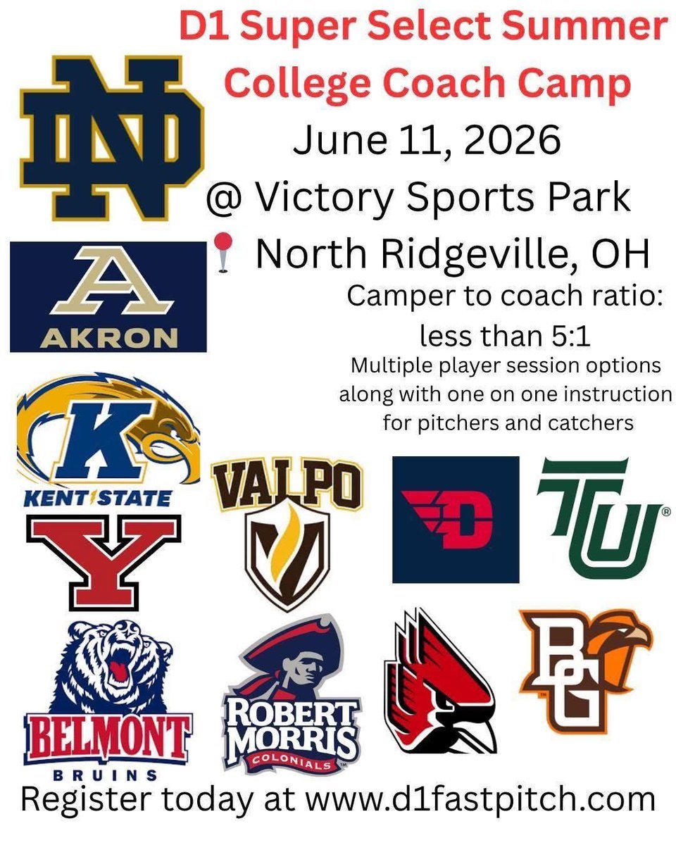 d1fastpitch1's tweet photo. ⭐️ D1 Super Select Camp is filling fast! ⭐️ 
June 11, 2026 @ the beautiful Victory Sports Park in North Ridgeville, OH.

There are individual pitcher/catcher sessions available as well! 🤩

We will be closing registrations for this camp on June 1, so that we have time to have everything coordinated and ready to make that successful and beneficial for everyone involved!

So don’t wait. Register today! Your team does not have to be participating in the D1 Super Select Showcase in order to attend the camp! 

Visit https://t.co/ksVTPBTPqn to register today!
