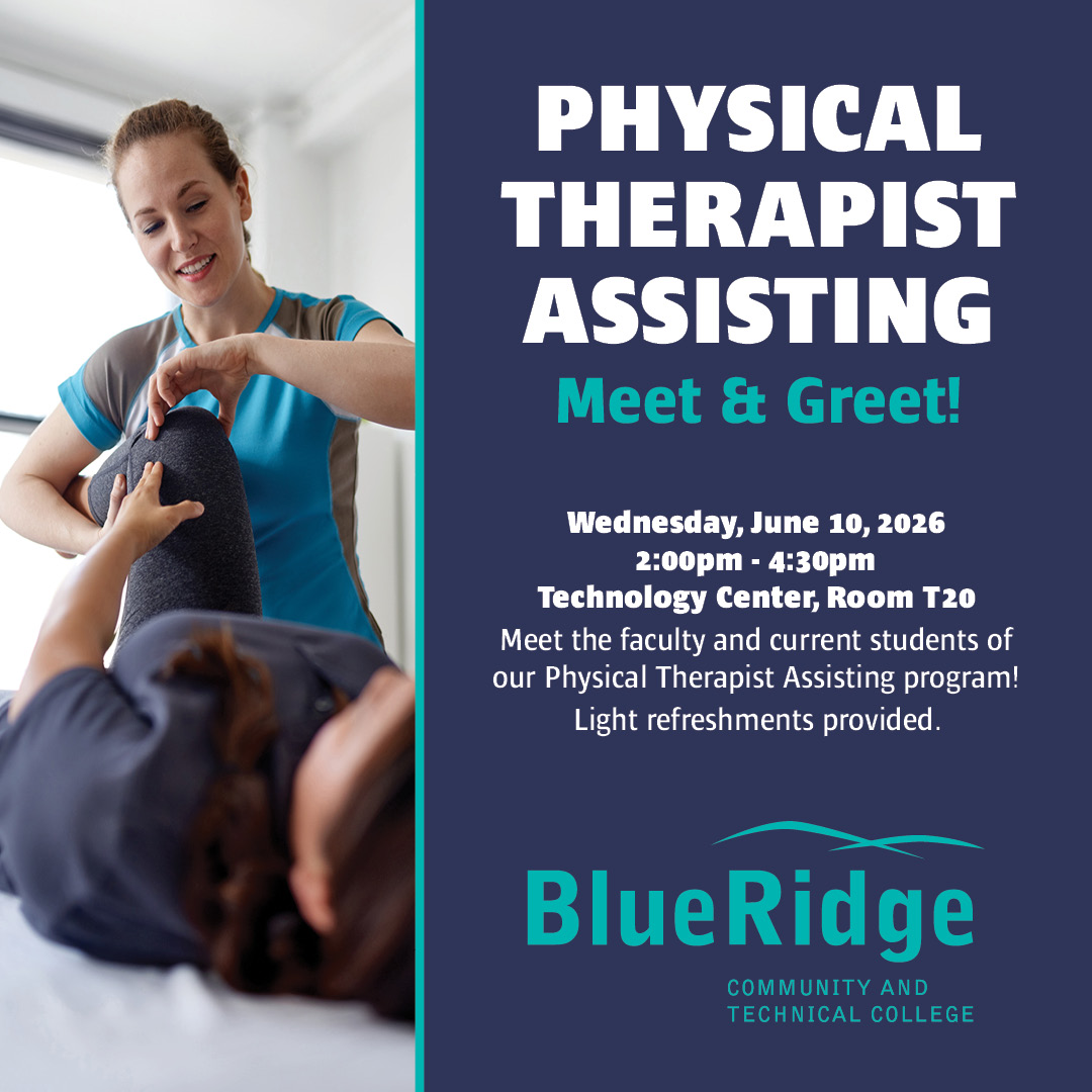 BlueRidgeCTC's tweet photo. Interested in helping others through one of the most rewarding healthcare careers? Then join us for a Meet &amp; Greet to learn more about our Physical Therapist Assisting program! Faculty and current students will be in attendance.
RSVP here: https://t.co/M6jEwgg5Cv https://t.co/6ukdAcNari