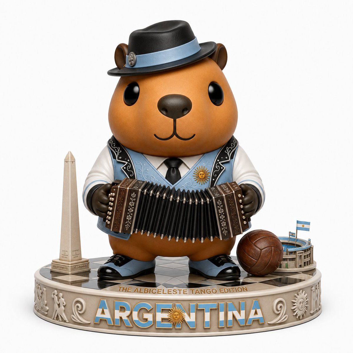 CapyCryptocoin's tweet photo. THE RHYTHM OF THE ALBICELESTE. 🇦🇷🎶☀️

Day 37 of #CapyCup2026 opens Group J with Argentina!

The Albiceleste Tango Edition celebrates the passion, elegance and cultural soul of Argentina. Dressed in tango-inspired style with a sky-blue vest, black hat and a small Sun of May on the chest, our Capy holds a classic bandoneón on a polished tango floor, joined by the Obelisco of Buenos Aires and a vintage football. A tribute to rhythm, pride and the heartbeat of Argentine football.

Feel the passion: https://t.co/yxunkTZTAy

#CapyCup2026 #Argentina #Albiceleste #Tango #BuenosAires #Bandoneon #NFT #Web3 #Polygon #DesignerToys #Capybara #WorldCup #SouthAmerica
