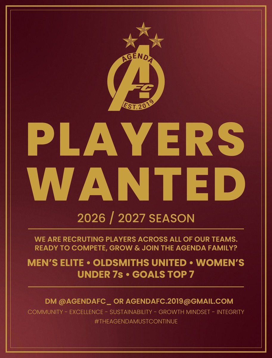 AgendaFC_'s tweet photo. 🚨 CALLING ALL PLAYERS 🚨

Agenda FC Group are looking for new players to compete across all of our member teams for the 2026/27 season: Men’s First Team, AO Utd, Women’s, Under 7’s, and Goals.

If interested drop us a DM or email agendafc.2019@gmail.com

#TheAgendaMustContinue https://t.co/mEJkpdeJRD