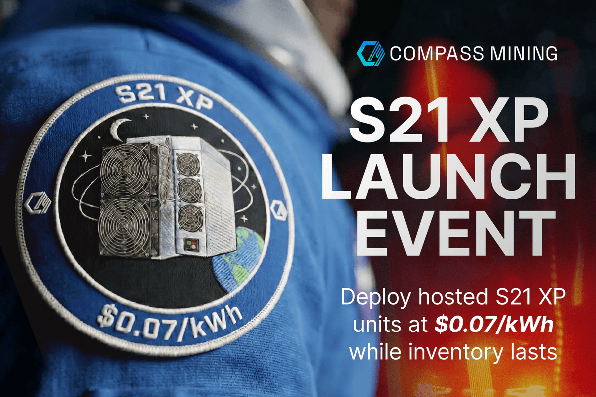 compass_mining's tweet photo. 🚀 We're launching something big. For a limited time, customers can access hosted S21 XP units at $0.07/kWh. Here's what's included:

⚡ $0.07/kWh promotional hosting rate

📦 MOQ: 1 unit

💳 No-fee payment plan available on a select allocation of  50 units. Once payment-plan inventory has been fully allocated, standard purchasing terms will apply to all remaining units.

🧾 Sales tax exemption available for eligible customers

🔒 Limited inventory. First come, first served
Reserve yours now 

👇👇 👇
https://t.co/aE46TBtDKp

#Bitcoin #BitcoinMining