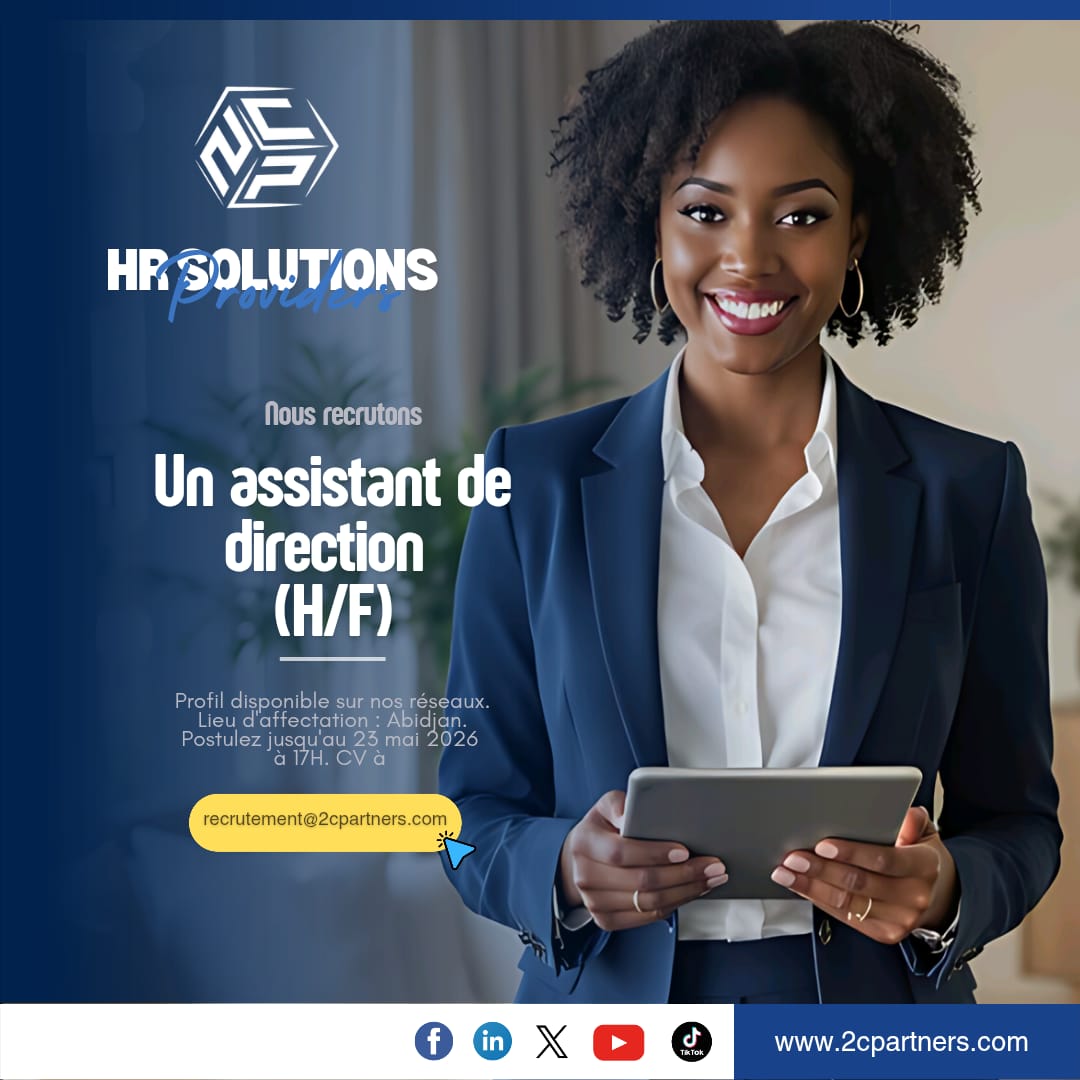 Partners2c's tweet photo. 📍 Localisation : Abidjan
📄 Contrat : CDD / CDI

📩 Intéressé(e) ?
Envoyez votre CV à recrutement@2cpartners.com
🗓️ Date limite : 23/05/2026 à 17h
📝 Objet : ASST-DIR 26 https://t.co/VxJKR9lr21
