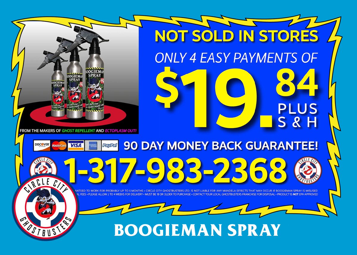 CCGhostbusters's tweet photo. Boogieman Spray
Dimension of Origin: 68-F 
Model: Bartlett Formula 369

“It’s guaranteed to work and will protect your home for up to 6 months or your money back.” – Jeremiah Ashlock

More Info: https://t.co/Ph3aSMp6BF

The commercial can be found here:
https://t.co/18UnrZ2c3p https://t.co/gpGKPRz0VO