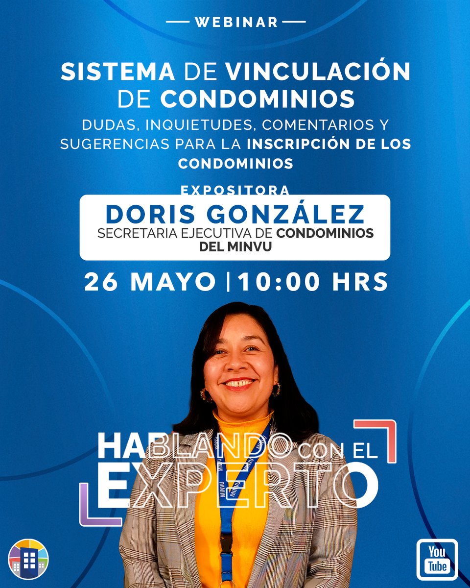 EdifitoChile's tweet photo. Webinar EDIFITO + MINVU
Resuelve tus dudas sobre el Sistema de Vinculación de Condominios y el Registro Nacional de Administradores junto a Doris González.
26 de mayo | 10:00 hrs https://t.co/afUtiJgZhj https://t.co/NulmKBRPyU