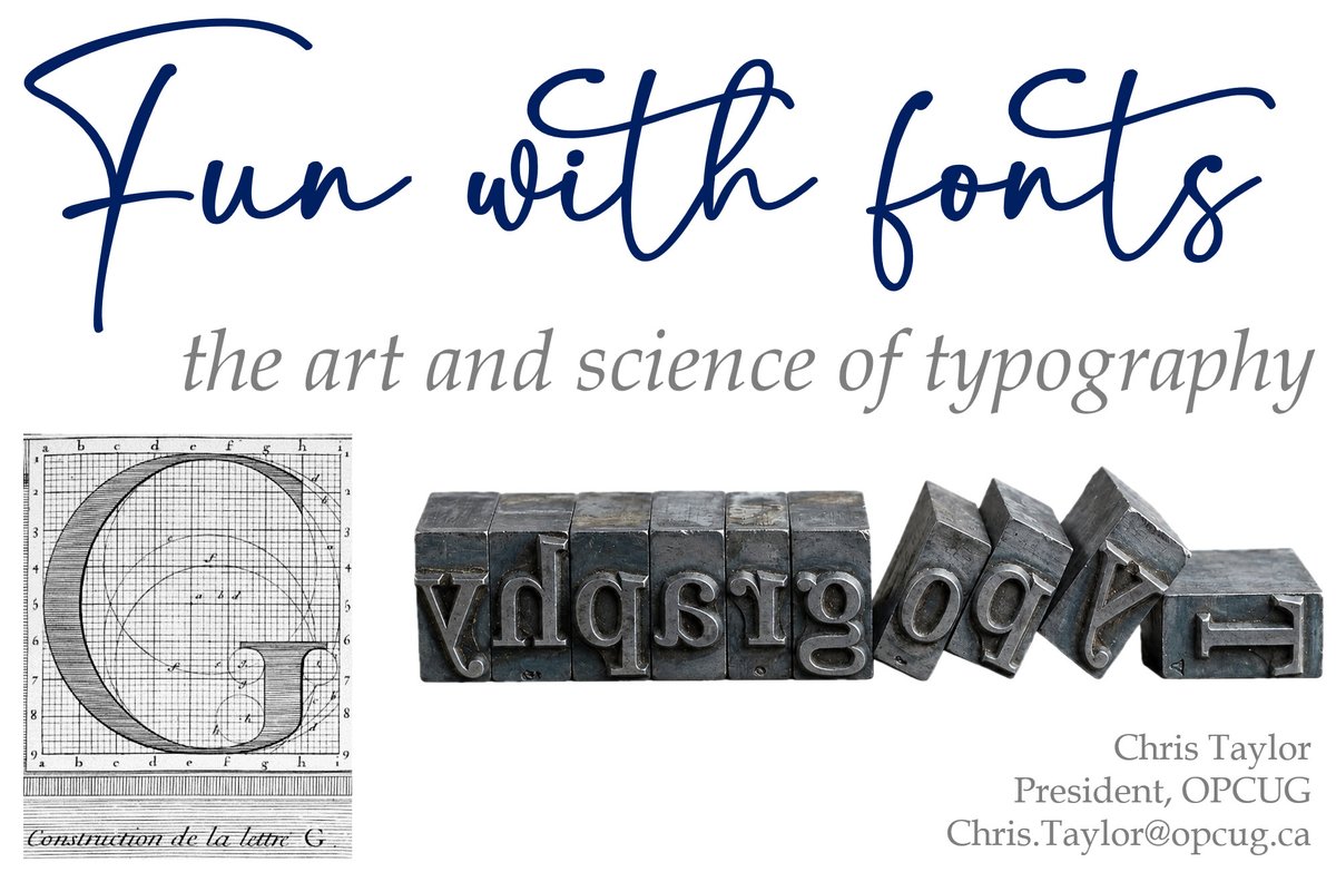 OPCUG's tweet photo. In partnership with @opl_bpo, "Fun with fonts" Thurs 6pm, Rosemount br Ottawa Public Library. Avoid typographical pitfalls &amp; effectively convey your message, whether in a document, poster, greeting card, or anything else that incorporates text. https://t.co/e5Ks6K3ECx https://t.co/C88mpcrbat
