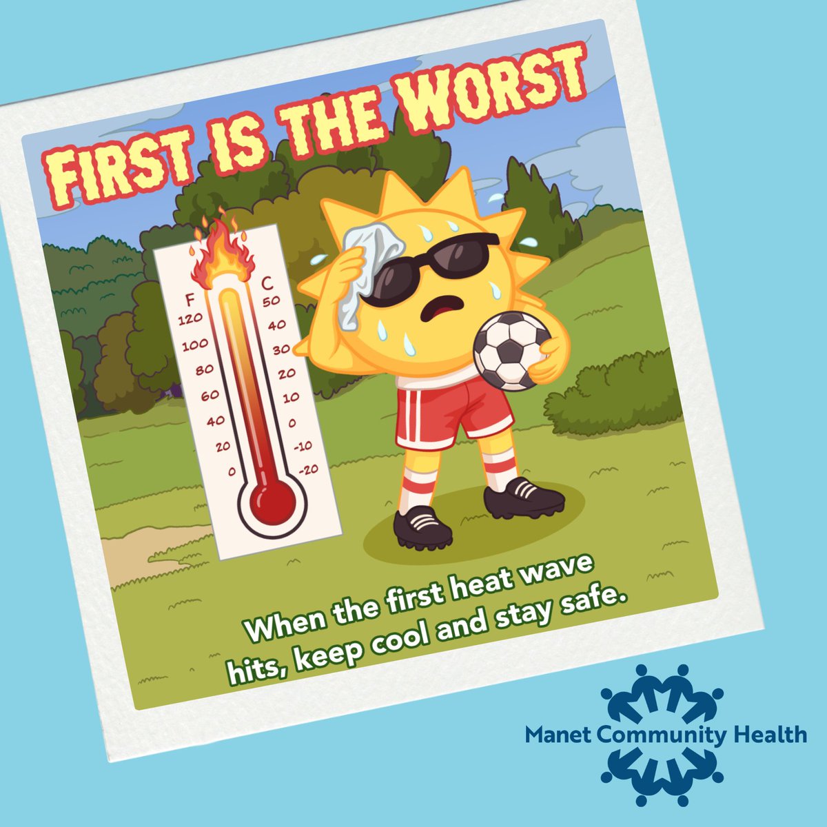 ManetCommunity's tweet photo. Warm weather is here! Data shows that the first heat wave of the season is often the hardest. Remember to drink plenty of fluids, wear sunscreen, take breaks in shade &amp; cool spaces during peak sun (10am-4 pm), and call 2-1-1 for cooling resources and support. #FirstIsTheWorst https://t.co/BUZ1X8fBAT