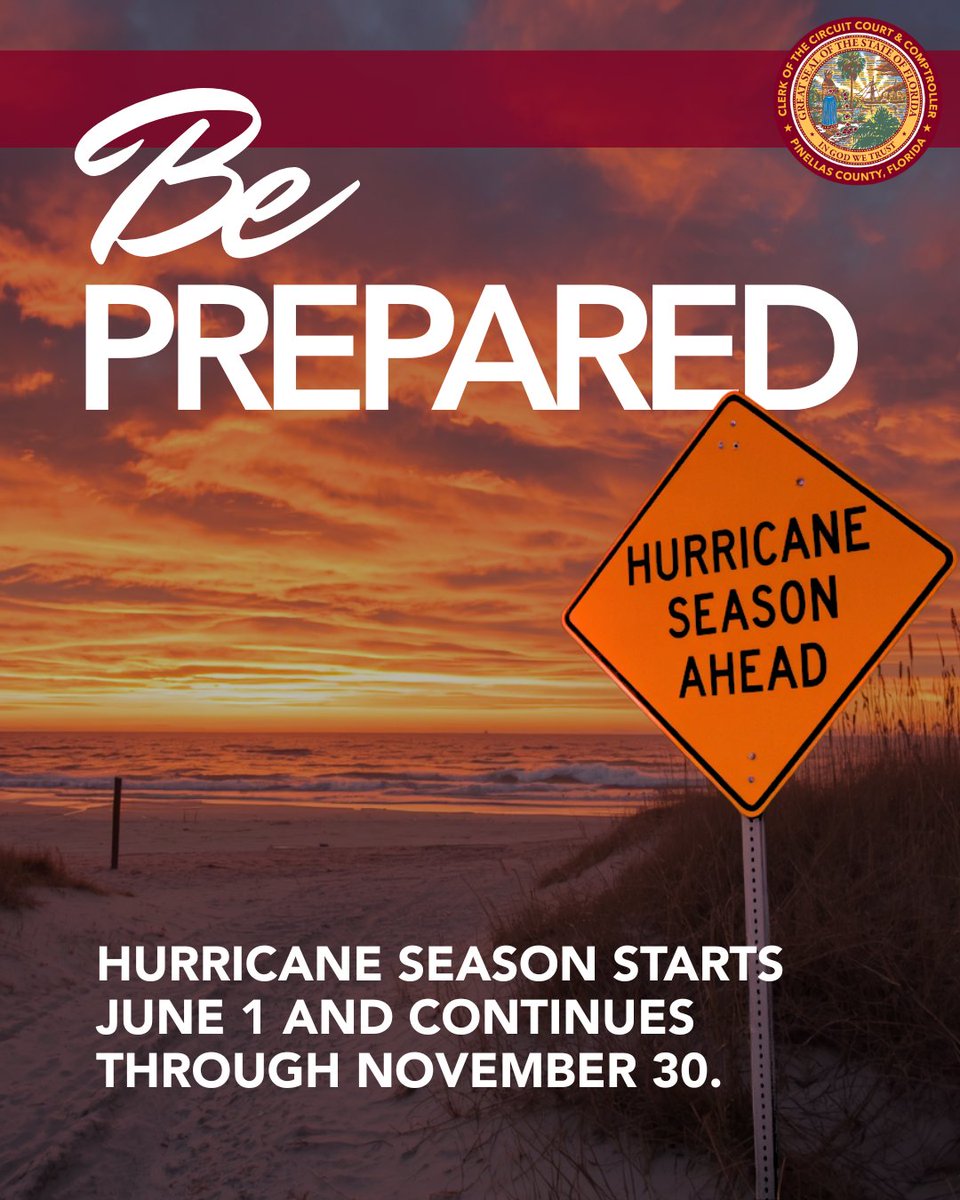 PinellasClerk's tweet photo. PSA: Hurricane season starts June 1 and continues through November 30.
It’s important to be prepared.
Visit https://t.co/qXeMaSjIVC for important information on disaster preparedness.
#PinellasClerk #ServingYou https://t.co/Bx8t0pg22N