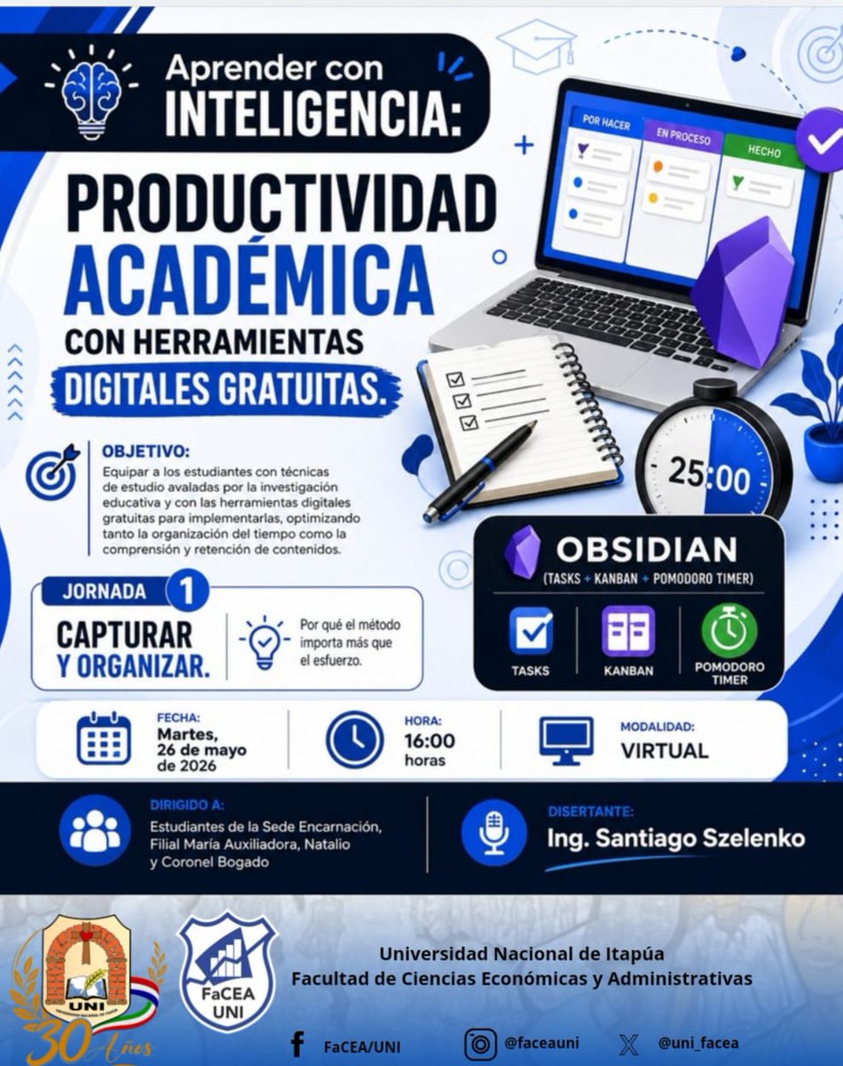 uni_facea's tweet photo. 📅 *Fecha* : Jornada 1: martes 26 de mayo de 2026
 
🕔 *Hora* : 16:00 horas 

💻 *Modalidad* :  virtual 

💰 *Inversion* : *Gratuito* 

📲 *¡Inscribite ahora en el siguiente enlace:* 
https://t.co/I17iYazgHM

#formacioncontinuafaceauni 
@uni.itapua https://t.co/LXil615fWZ