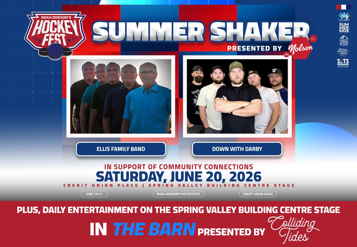 CUPEvents's tweet photo. SUMMER SHAKER🎸🔥

June 20  

Ellis Family Band + Down with Darby  

🎟️https://t.co/513H51YW49

💙 Supporting Community Connections Inc.   

#NDHF26 | #SETS | @summersidePEI | @tourismpei | @ExploreSside | @HockeyFestGO | @collidingtides | @Molson_Canadian | @springvalleybc https://t.co/z3hfM5h74M
