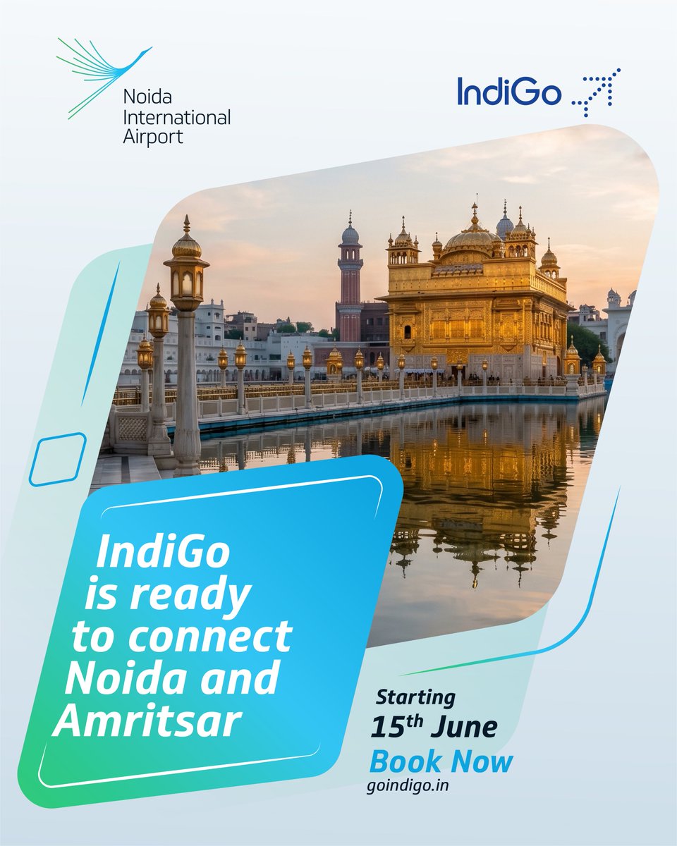 NIAirport's tweet photo. From Noida to more of India.  

@IndiGo6E  will soon connect you to Hyderabad, Bengaluru, and Amritsar starting from 15th June.

Book Now! 

#niairport #amritsar #hyderabad #lucknow #noidainternationalairport #noida https://t.co/adUS5eiZD2