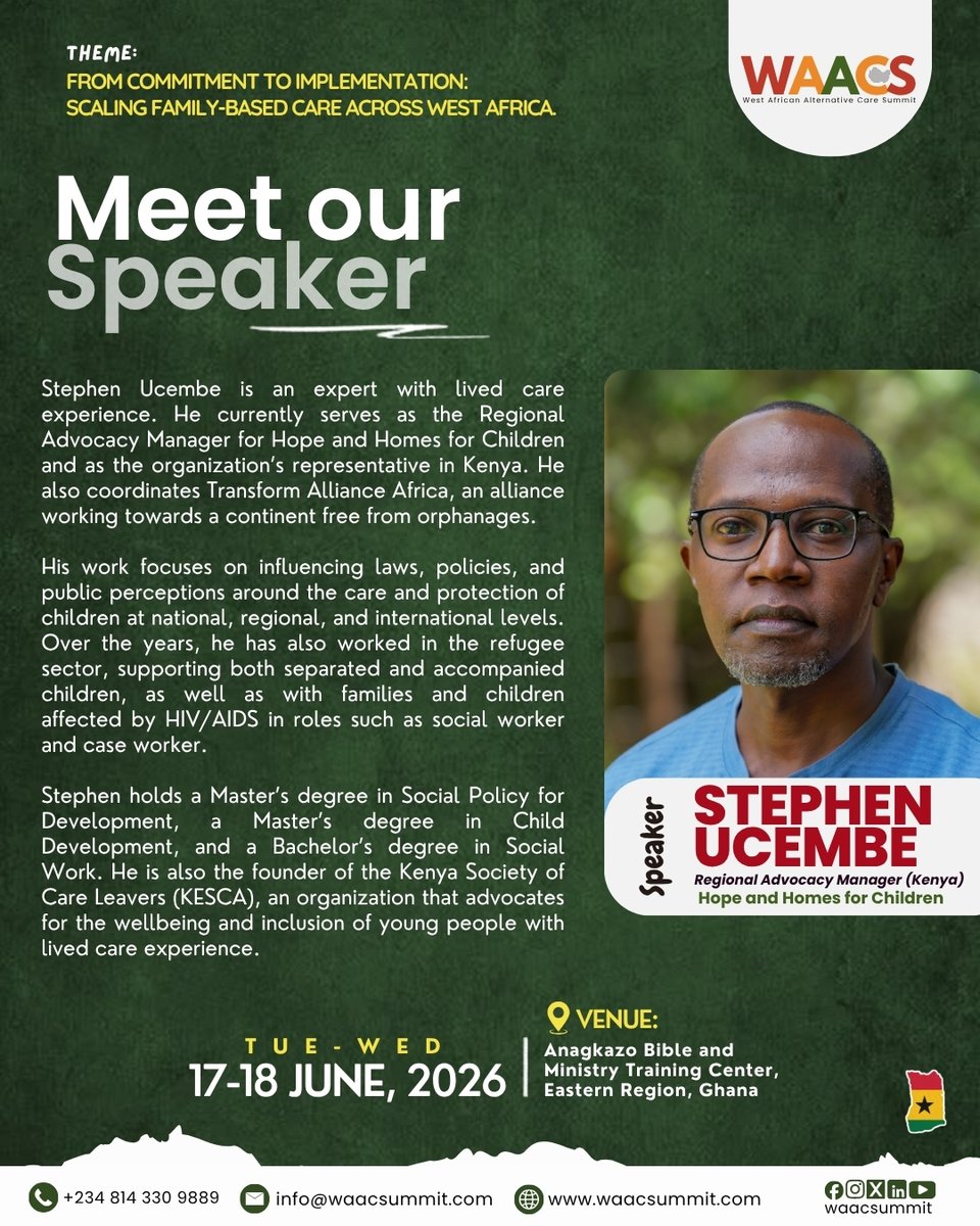 WAACSummit's tweet photo. From lived experience to leadership.

Stephen Ucembe joins WAACS 2026.
A powerful advocate with lived care experience, he is helping shape laws and systems across Africa so every child can grow up in a family.

📍 Accra, Ghana | June 17–18, 2026
#WAACS2026 https://t.co/iQl3Y0uNno