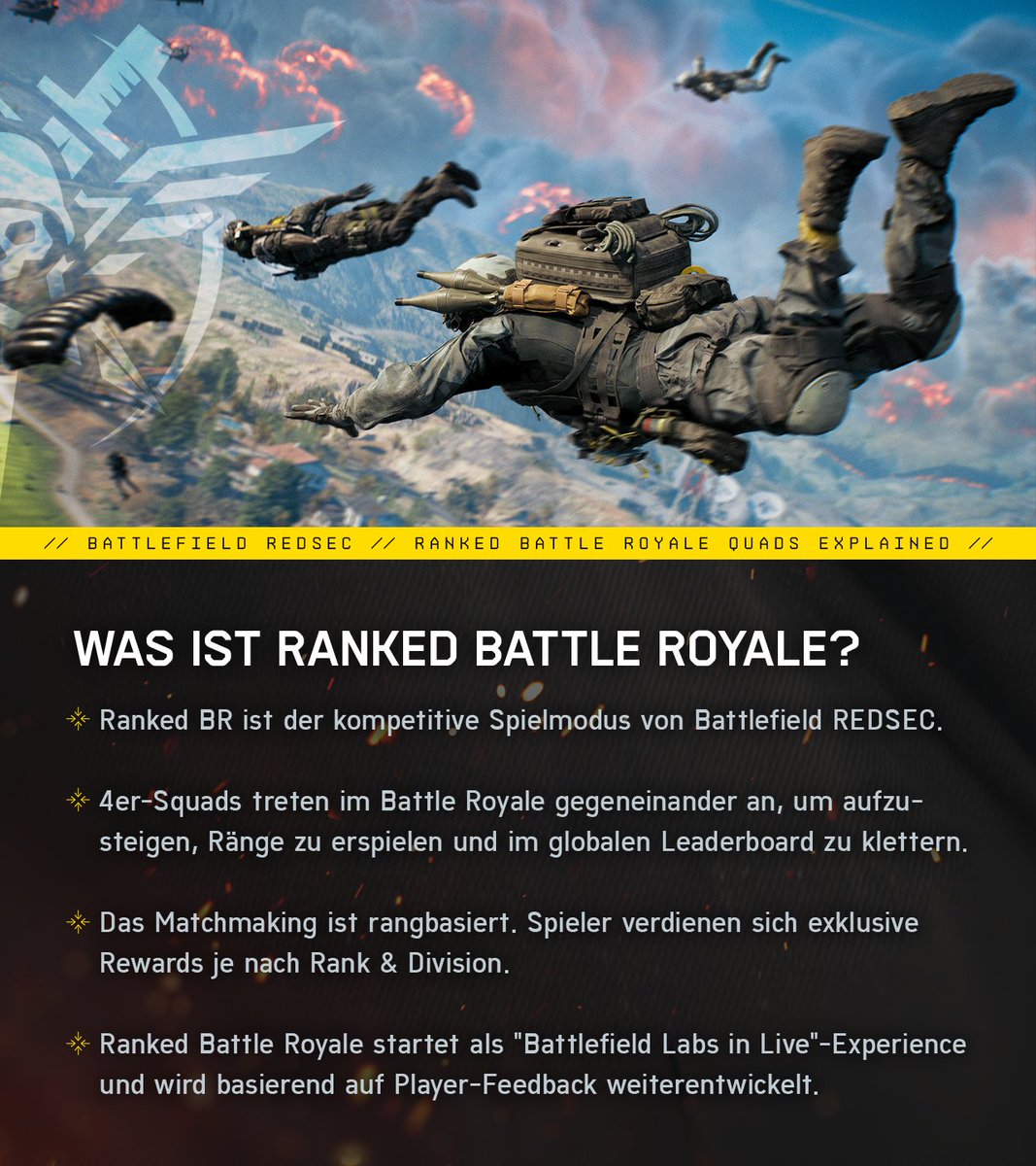 BattlefieldEADE's tweet photo. Battlefield REDSEC bekommt Ranked. 🫡

Das heißt: 4er-Squads, getrennte Matchmaking-Pools für PC und Konsole, ein Rang-System mit Divisions und vielem weiteren! 🔥

Swiped für mehr Details! https://t.co/QSfxl6C7do