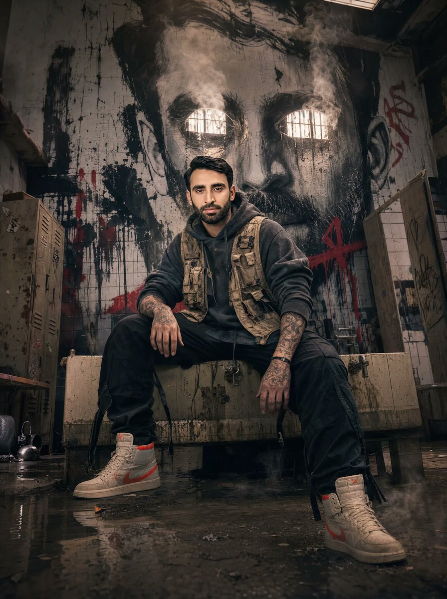 [Subject & Detailed Pose]: A bearded man with tattooed arms 
