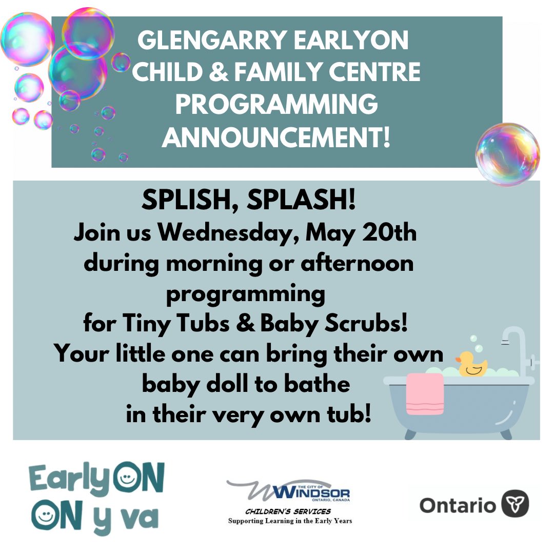 WEEarlyON's tweet photo. Glengarry EarlyON Child &amp; Family Centre Programming Announcement! Join us Wednesday, May 20th during morning or afternoon programming for Tiny Tubs &amp; Baby Scrubs! Your little one can bring their own baby doll to bathe in their very own tub! https://t.co/Kz00Xdc3BU