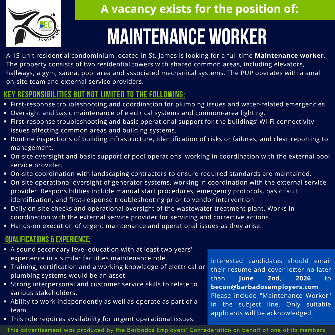 BecBusiness's tweet photo. Apply Today!! - Maintenance Worker - Deadline is June 2, 2026.

Interested applicants should send their applications to becon@barbadosemployers.com

#barbadosemployersconfederation #hiringnow #barbados #vacancy #CareerOpportunity #maintenanceworker #HospitalityJobs https://t.co/2bo4g9W11Y