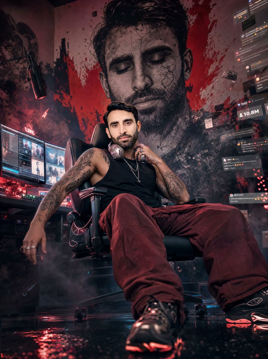 [Subject & Detailed Pose]: A tattooed bearded man with the e