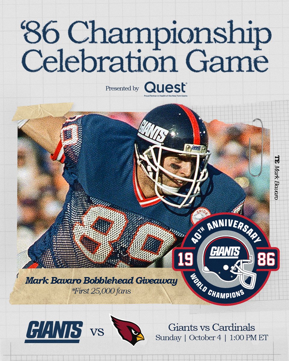 Giants's tweet photo. We’re celebrating the 40th anniversary of Super Bowl XXI on Oct. 4th! Members of the 1986 team will reunite for a special halftime ceremony. The first 25,000 fans through the gates will also receive a Mark Bavaro bobblehead!

🎟️: https://t.co/5FkEeEaBg4 https://t.co/Wy8ZPpQxJK