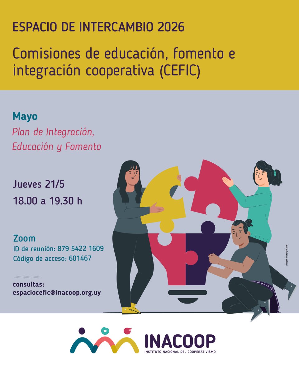 inacoop's tweet photo. 🫱🏻‍🫲🏽 Espacio de intercambio sobre las Comisiones de Educación, Fomento e Integración Cooperativa (CEFIC)
🗣️ Encuentros abiertos a cooperativistas y asesores de cooperativas.
📝Tema de mayo: Plan de Integración, Educación y Fomento
🗓️ jueves 21/5 ⏰ 18 a 19.30 h
💻Modalidad: Zoom (sin inscripción ni continuidad requerida)
🔗Acceso a la reunión:
🆔ID: 879 5422 1609
🔑Código: 601467
📩Consultas: espaciocefic@inacoop.org.uy
