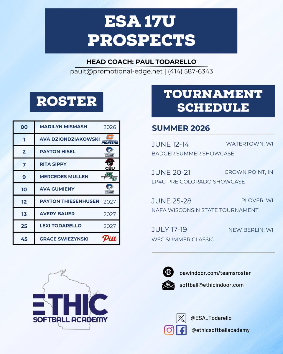 ESA_Todarello's tweet photo. Check out our 2026 Summer Tournament Schedule!! 🥎🔥

@madilynmismash @hisel_payton @RitaSippy @ava_gumieny10 @paytonthiese @LexiTodarello @GSwiezynski https://t.co/N0I1Ds4moN
