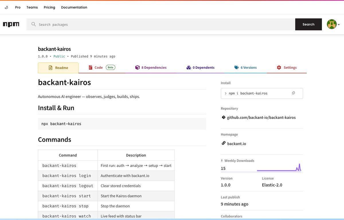 backant_io's tweet photo. backant-kairos v1.0.0 🧠

– STM/LTM memory
– hybrid recall
– local Qwen3 embeddings; nothing leaves your machine
– pressure-triggered dream cycle
– weekly compliance/cost/outcome eval

Outcome: 60%+ token savings with fully autonomous claude code agent

npx backant-kairos https://t.co/UMirflLSPs