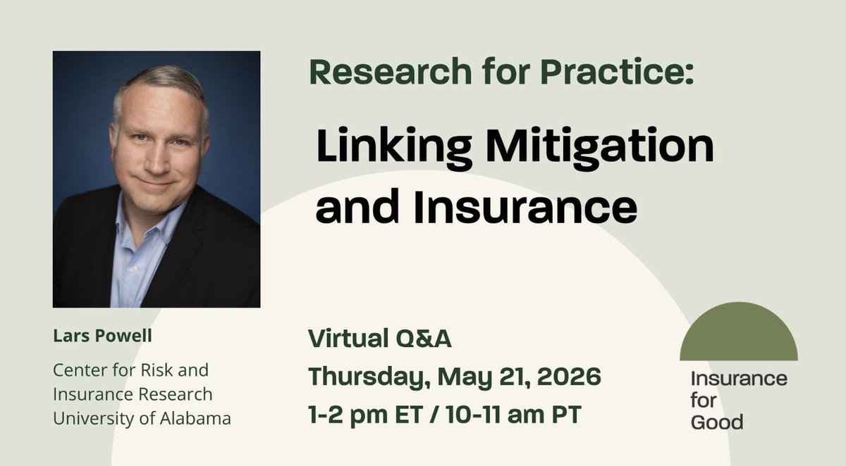 ALInsuranceCtr's tweet photo. The Center for Risk and Insurance Research is excited to see Dr. @larspowell featured in the Insurance for Good webinar series on Thursday, May 21! Learn how home hardening can reduce losses and strengthen resilience along the Gulf Coast.

Register today: https://t.co/GThCHp2bn0 https://t.co/xnX6LDbFSM