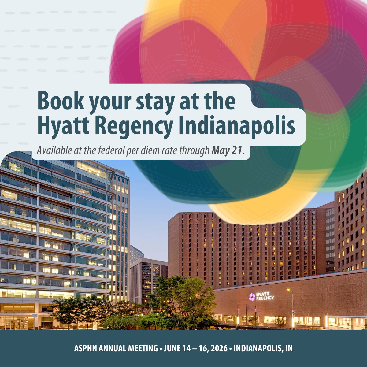 ASPHN1's tweet photo. Book your hotel for #ASPHN2026!
Rooms at the Hyatt Regency Downtown Indianapolis are available at the federal per diem rate of $133/night (plus tax) through May 21: https://t.co/UUedIlGfr2

#PublicHealthNutrition #ProfessionalDevelopment #ASPHN2026 #PublicHealth #Nutrition https://t.co/qONAD4ScJT