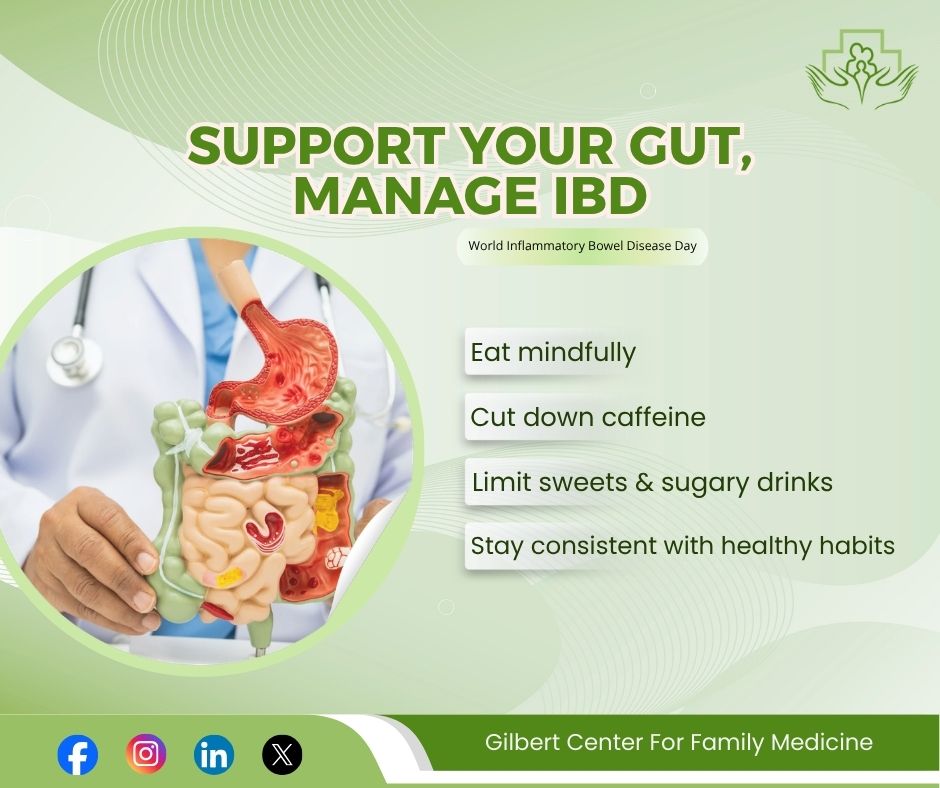 GilbertCFM's tweet photo. Small lifestyle changes can make a big difference in managing IBD.
Eat mindfully, reduce triggers, and support your gut health every day.

#IBDAwareness #GutHealth #HealthyHabits #PreventiveCare #gilbertcenterforfamilymedicine https://t.co/yYeumabR4N