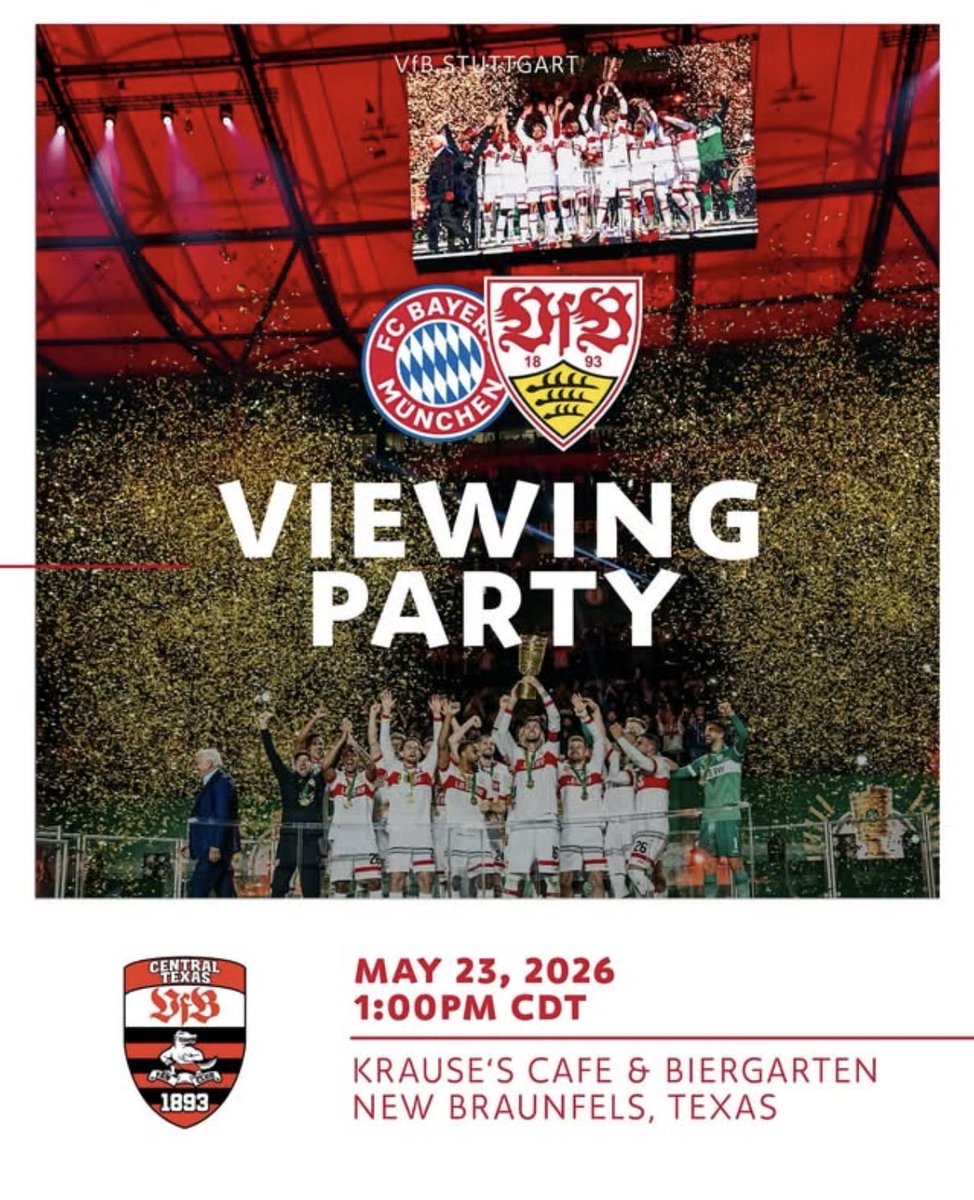 GermanTexans's tweet photo. Calling all VfB Stuttgart and FC Bayern Munich fans ⚽🇩🇪

Join us in New Braunfels this Saturday at 1pm at Krause's Cafe and Biergarten for the DFB Final and an afternoon of German football, beer, food, and community.

Reserved tables will be set aside for supporters of each club https://t.co/hLWpvGVjRT