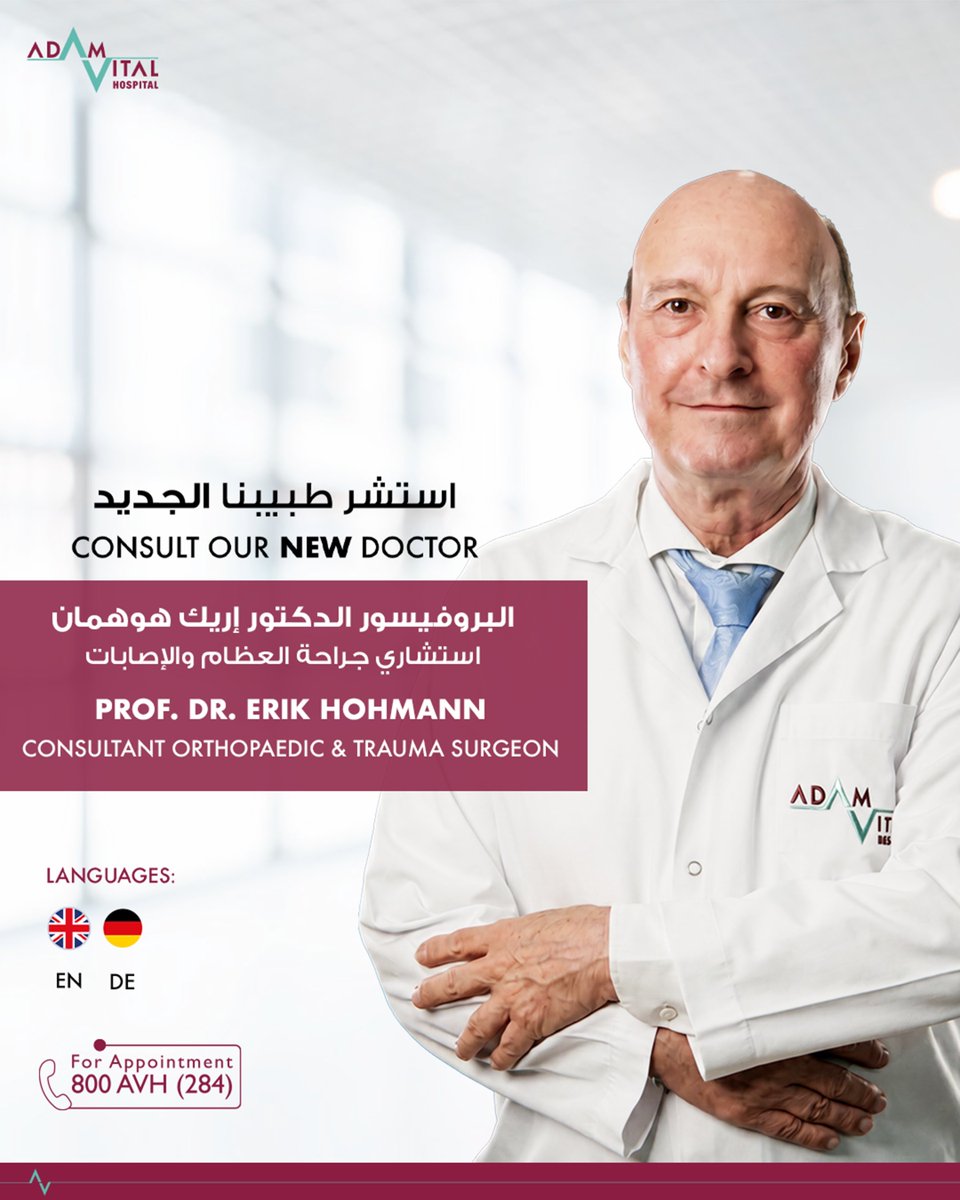 AdamVitalHealth's tweet photo. Meet Prof. Dr. Erik Hohmann, German board-certified orthopaedic surgeon with 30+ years’ experience and 20,000+ surgeries in shoulder, knee &amp; trauma. GCAA-licensed aeromedical expert. Book now: 800AVH (284). #Orthopaedics #DubaiHealthcare https://t.co/eDrOcYXYIQ
