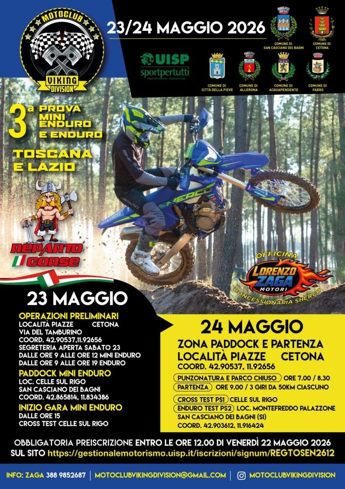 cronosprato's tweet photo. Sabato/Domenica 23/24 mag 2026 presso San Casciano dei Bagni (SI) - CronoPrato impegnato nel servizio di cronometraggio 3° Prova Trofeo Toscana-Lazio Enduro e MiniEnduro UISP 2025 🏍️⏱️
@federcronos 
#cronometristi #cronoprato #cronos #timekeepers #enduro #minienduro #UISP https://t.co/PtXPNs5w1t