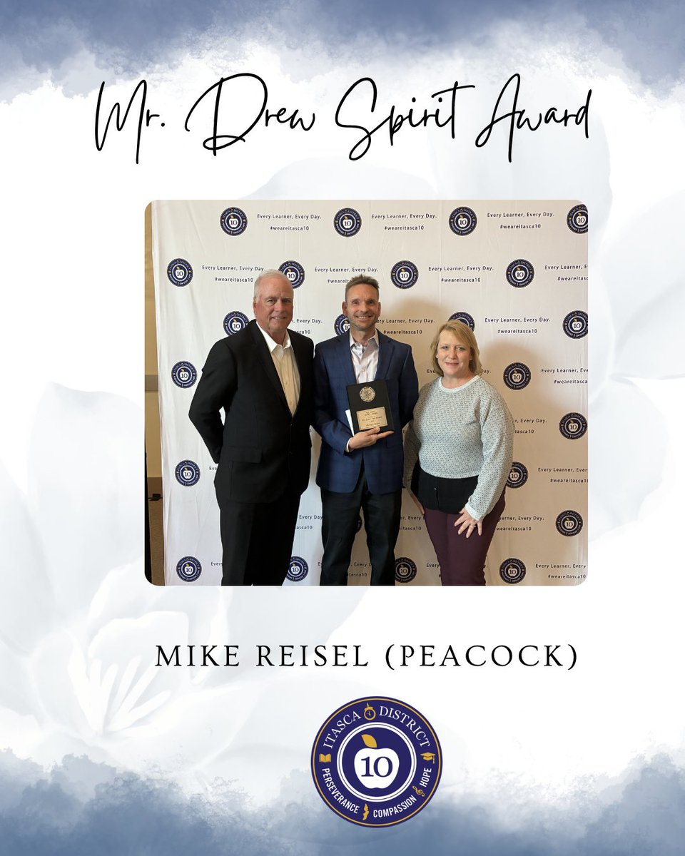 d10itasca's tweet photo. We are proud to share the recipient of the 2026 Mr. Drew Spirit Award, presented at our End of the Year Staff Celebration.  

Congratulations to Mike Reisel (Peacock Spanish Teacher), this year’s honoree!

This award honors the memory of Drew Van Vooren, a beloved paraprofessional in our NDSEC classroom who passed away in 2022. Each year, we are joined by Mr. Drew’s father as we celebrate his legacy and present this meaningful award.

The Mr. Drew Spirit Award recognizes a District 10 staff member who exemplifies the qualities that made Mr. Drew so special:

• Servant Leader
• Student-Centered
• Collaborative
• Positive and Friendly Attitude

Congratulations! 
💙🌟👏

#WeAreItasca10