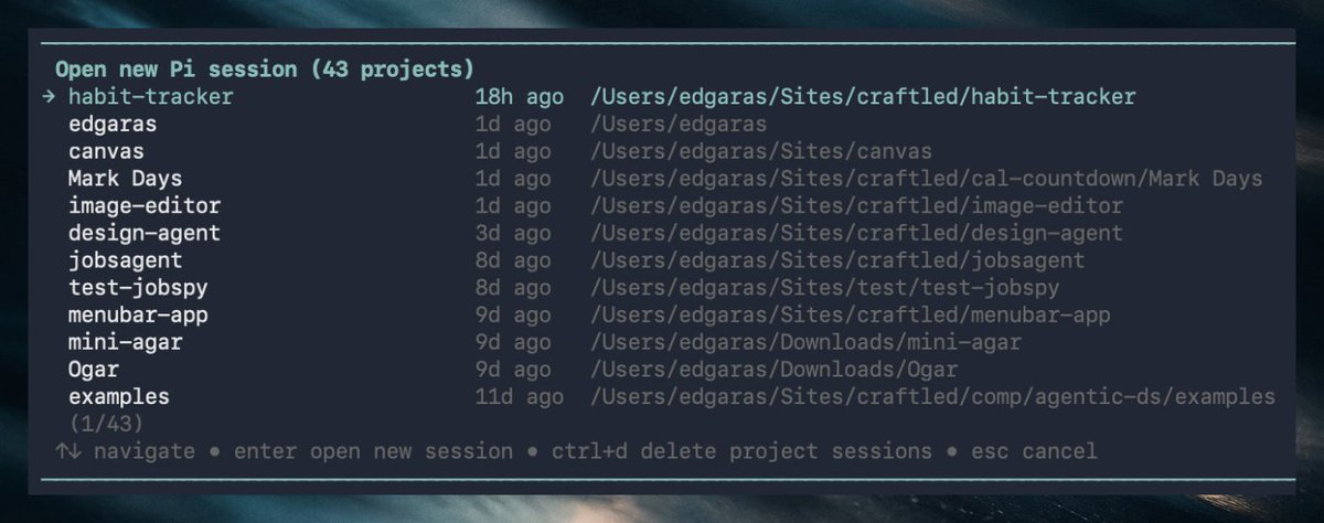 edgarasben's tweet photo. People of Pi, I made a simple new extension and command: /projects.

I often work on multiple side projects at once and forget what I was working on recently 😅

The extension shows folders where I recently used Pi, so I can jump straight back in.

@badlogicgames https://t.co/bJJoKdN4Rr