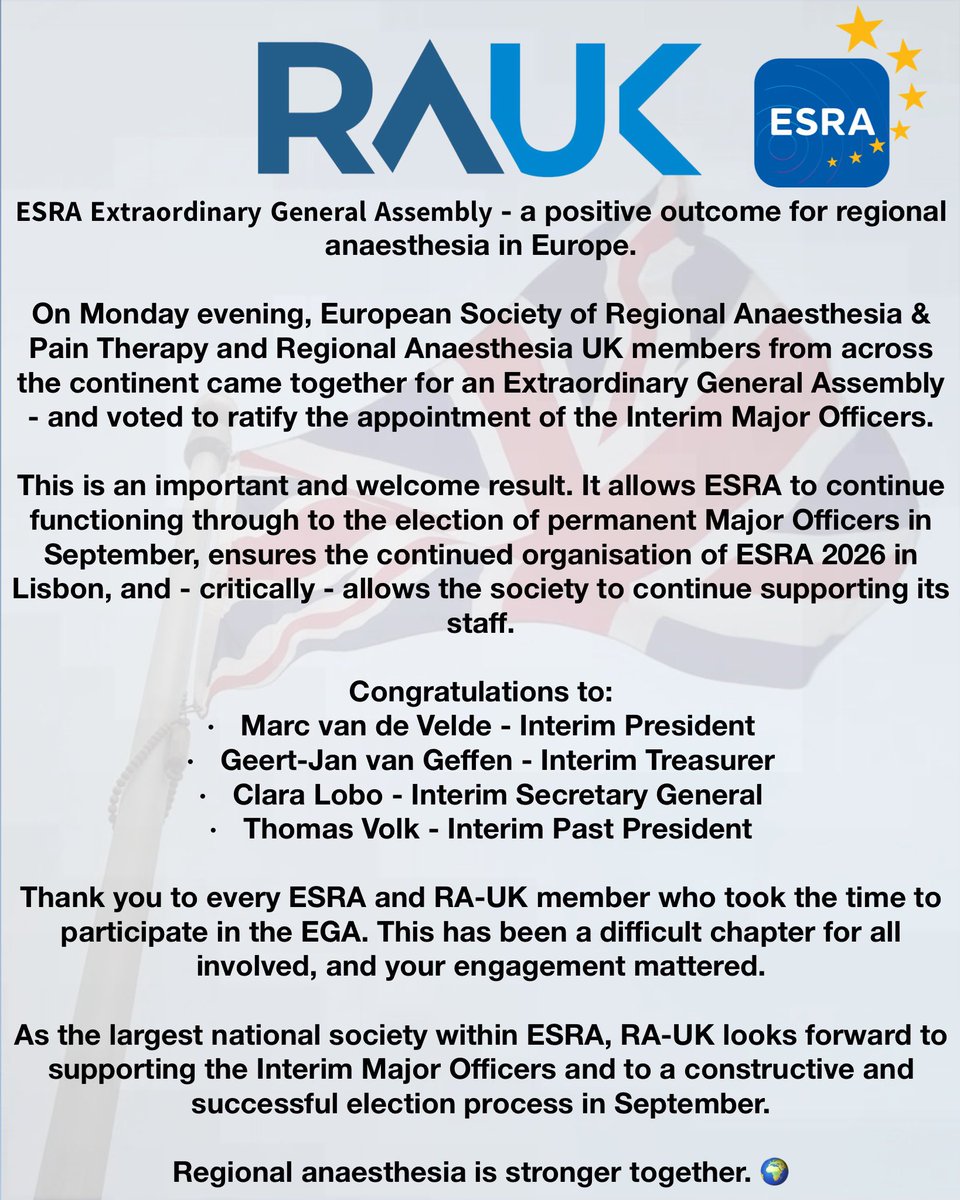 RegionalAnaesUK's tweet photo. Statement about the ESRA Extraordinary General Assembly https://t.co/vOZaK7SXL7