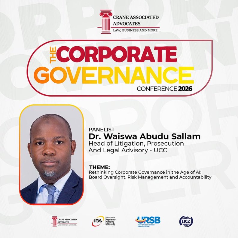 kukirizajoshua5's tweet photo. Join Dr. Waiswa Abdul Sallam from @UCC_Official at the #CorporateGovernanceCONF2026 as he shares valuable insights on governance, regulation, and leadership in today’s fast-evolving digital era.

Be part of this impactful conversation on May 22.

#LeadershipAndAI #CorporateGovernanceCONF2026 #GoldenPosts @UCC_ED