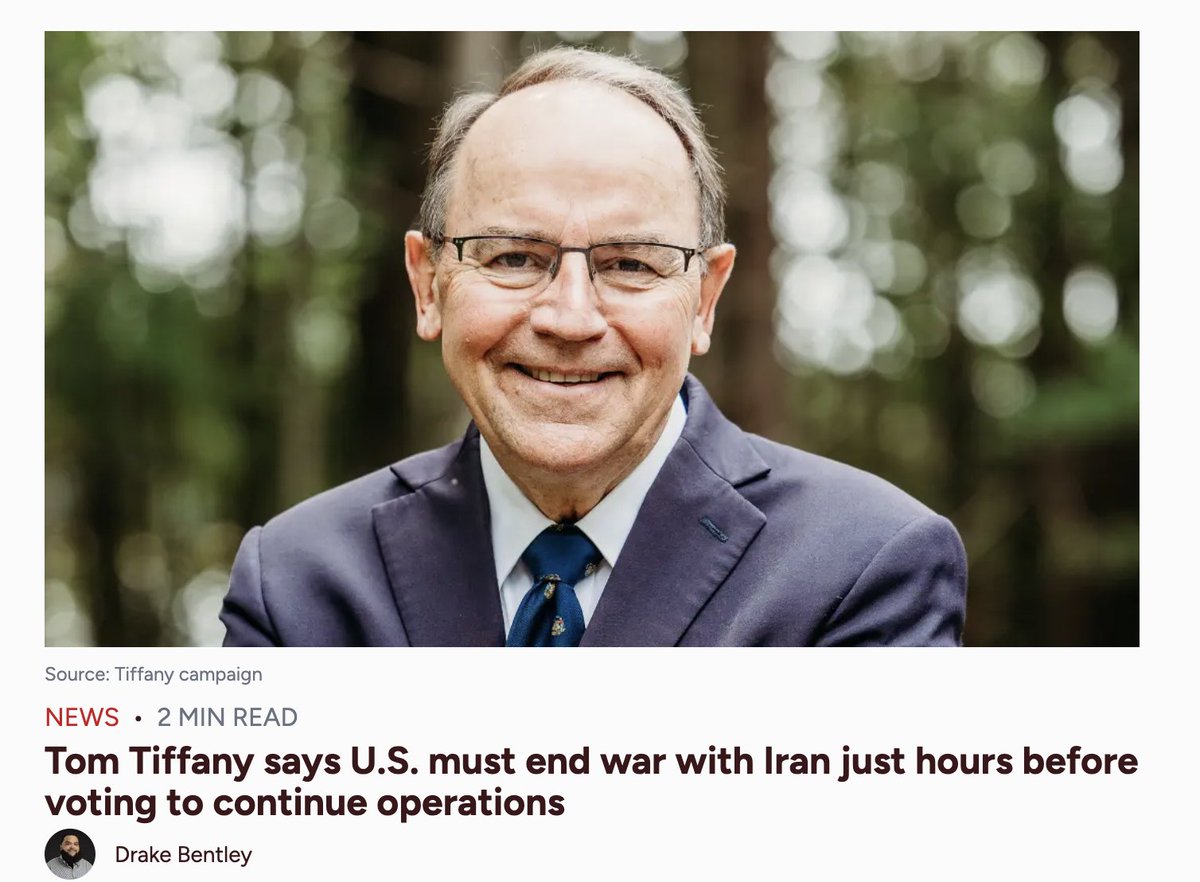 American_Bridge's tweet photo. #WIGov candidate Tom Tiffany admitted Americans are angry about “higher gas prices” and said it was “time to wrap up the war” in Iran.

Hours later, he voted to keep the war going anyway. #WISPolitics https://t.co/KAVuIbHqKB