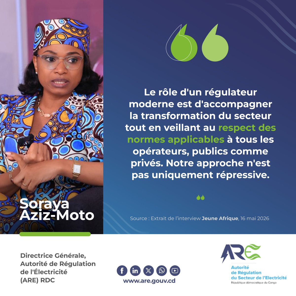 AREDRC1's tweet photo. À la suite de son entretien accordé à @jeune_afrique, la DG de l’ARE, @SORAZIZ, revient sur les principaux enjeux abordés dans le secteur de l’électricité en RDC, notamment le rôle du régulateur et des opérateurs, l’évolution du taux d’accès à l’électricité, les défis liés aux infrastructures et aux coupures, les enjeux d’investissement et de viabilité économique du secteur, ainsi que les perspectives de développement à travers les projets structurants et les partenariats internationaux.

Cette série de visuels met en lumière les éléments clés de l’interview et une priorité centrale : accélérer la transformation du secteur et renforcer durablement l’accès à l’électricité en RDC.

Lien de l’article : RDC : « L’électrification doit passer à la vitesse supérieure » https://t.co/Gz7MUmRYKA