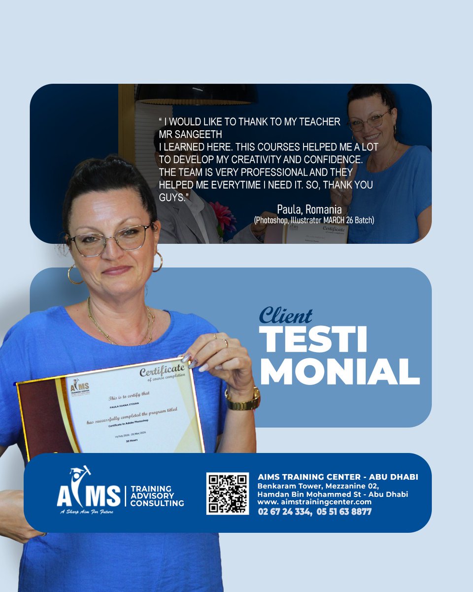 AimsTrainingCen's tweet photo. โจ Real learning. Real confidence
Hear from our student Paula from Romania ๐ท๐ด who successfully completed Photoshop & Illustrator training at AIMS Training Center, Abu Dhabi. ๐จ๐ป
#GraphicDesign #Photoshop #Illustrator #StudentTestimonial #AbuDhabi #GraphicDesignCourse https://t.co/afwHRSeGc5