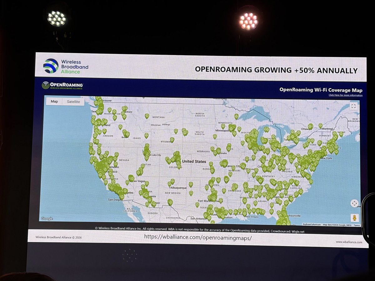 mikeddano's tweet photo. Here’s the Wireless Broadband Alliance OpenRoaming coverage map for the US. Coming at you here from #NetworkX https://t.co/NOoNwM8rbO