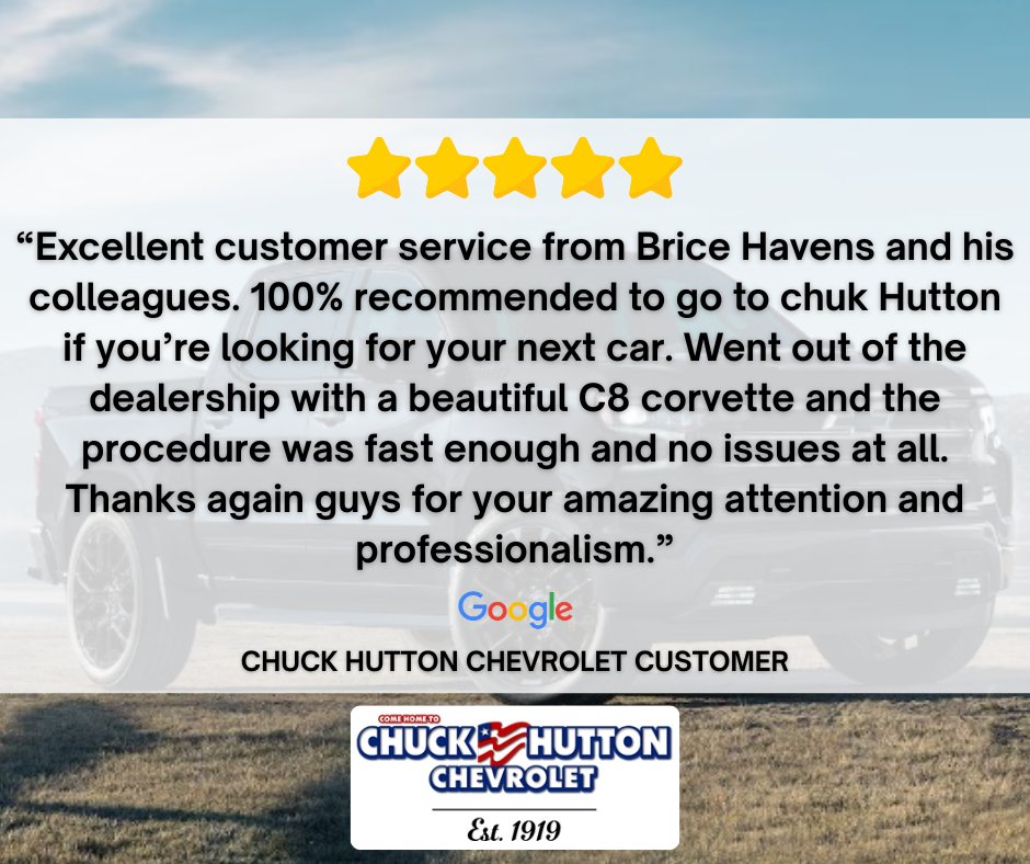 CHutton_Chevy's tweet photo. Your amazing reviews make it unforgettable for us too!🚗😁
#ChuckHuttonChevrolet #ChuckHuttonChevy https://t.co/PqrWqO2Eas