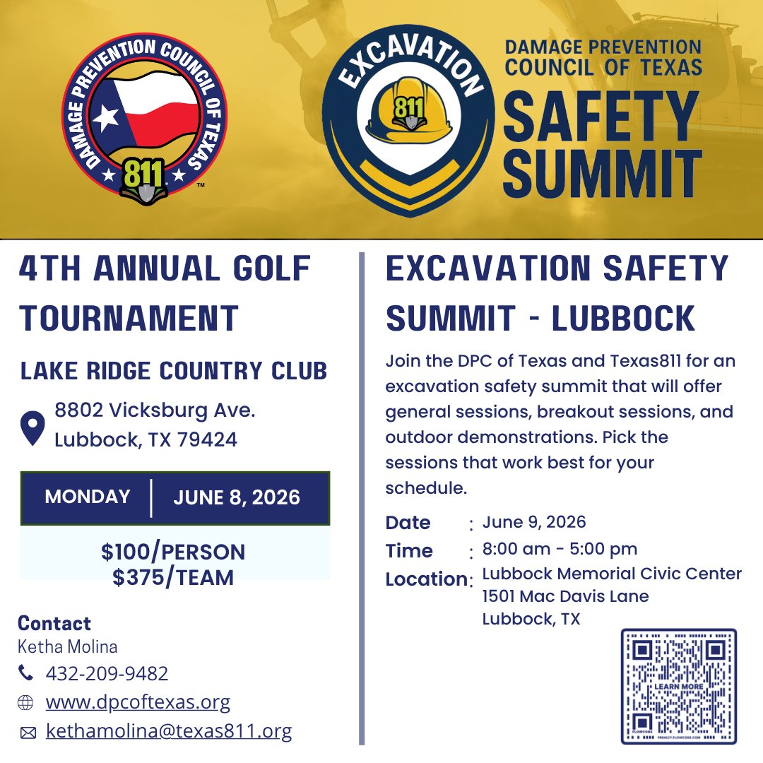 DamageTexas's tweet photo. Join us on June 9, 2026, for an Excavation Safety Summit in Lubbock, TX! Registration is open, and we want you to join us. Learn best practices and network with industry stakeholders at the DPC of Texas signature event.

Learn more 👉 https://t.co/M0PXkVWxN9 https://t.co/yeD1Q7cLZg