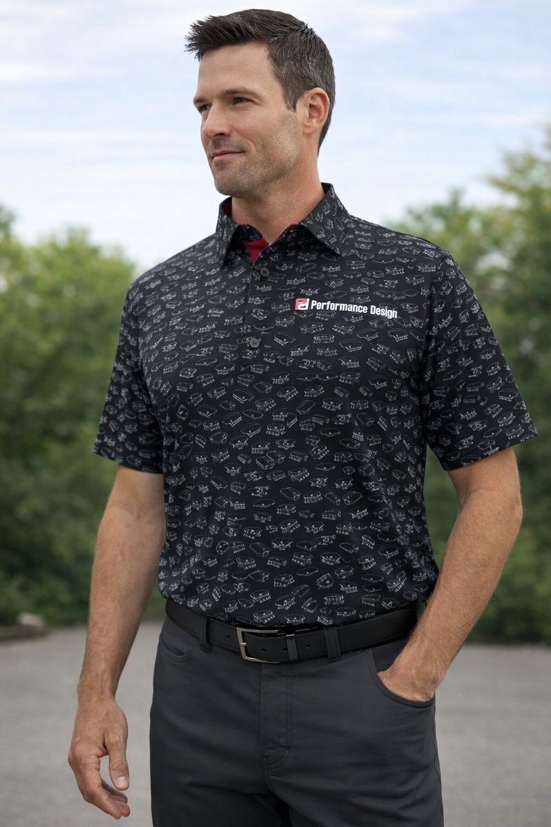 PerformanceDsgn's tweet photo. Make a statement without saying a word. This polo features a fully sublimated, all-over pattern built from Performance Design’s lineup of intake manifolds, including Carbon pTR, Carbon TRc, Carbon TR, Carbon XR, Carbon HR, and XS. https://t.co/POiqUzM5vo