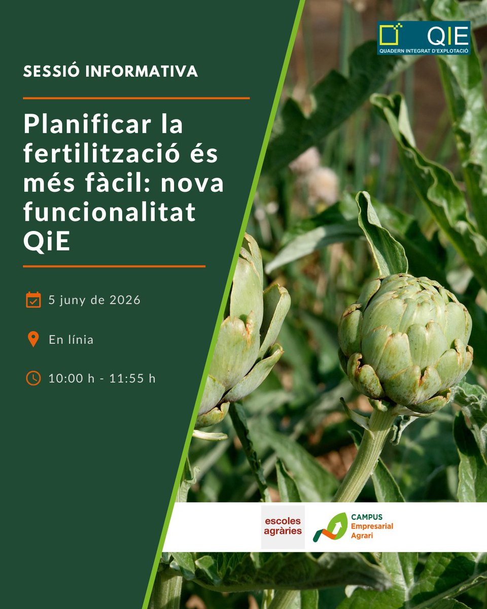 CampusEAgrari's tweet photo. 🌱 Vols millorar la #rendibilitat de la teva explotació agrícola? En aquesta sessió informativa que organitzem amb l'@EATarrega, parlarem del servei web integrat al QIE, una eina que calcula necessitats de cultius mitjançant un balanç de nutrients. https://t.co/ucVBHTLGPi https://t.co/Onje6yCPwQ