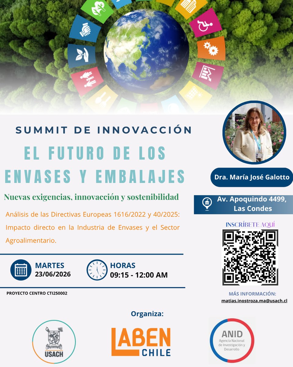 LABENCHILE's tweet photo. 🇨🇱📦 ¿Está lista la industria chilena para las nuevas directivas europeas de packaging?

@LABENCHILE  – @usach convoca al Summit de Innovación 2026.

📅 23 jun | 9:15 hrs 
📍 CEPEC, Av. Apoquindo 4499, Stgo 
🎤 Dra. María José Galotto
Cupos limitados 👇
https://t.co/0oYTtKN7sv https://t.co/rtbnQXe1E3