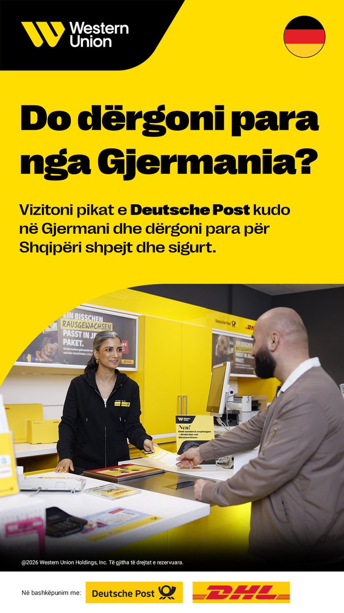UnionNet_WU's tweet photo. ✨Do dërgoni para nga Gjermania? 🇩🇪

📍Vizitoni pikat e Deutsche Post kudo në Gjermani dhe dërgoni para për Shqipëri shpejt, lehtë dhe sigurt, me Western Union.💸🇦🇱
✨ Tashmë, shërbimet e Western Union mund t’i gjeni në mbi 4,000 pika të Deutsche Post në të gjithë Gjermaninë. 🇩🇪 https://t.co/3ZKnkcyVRV