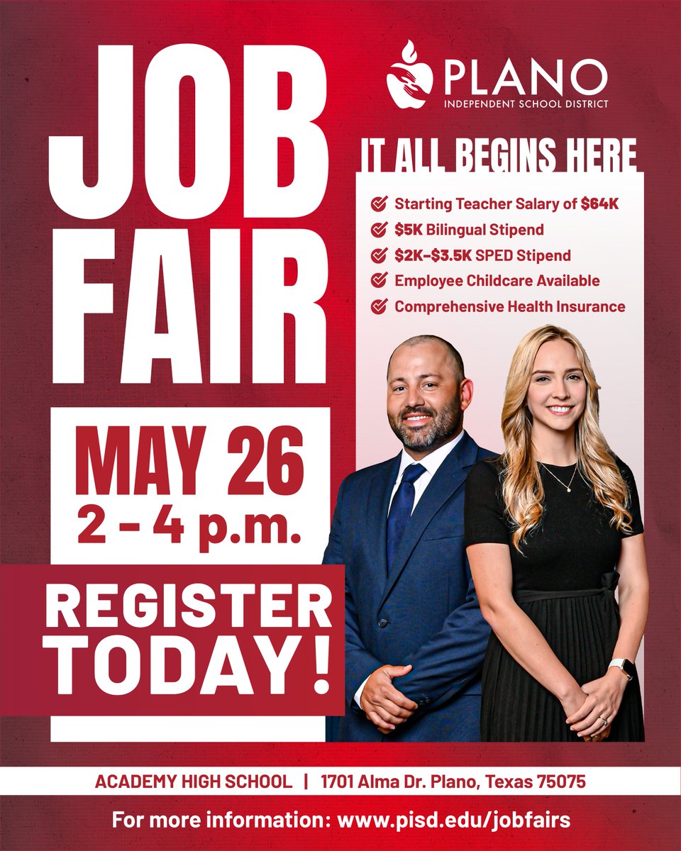 Plano_Schools's tweet photo. Plano ISD’s Job Fair is almost here!

If you’re thinking about a new opportunity or a place where your work truly matters, this is it. Meet hiring teams, explore roles and see why Plano ISD is a destination district.

📅May 26
⏰2–4 PM
📍Academy HS
🔗https://t.co/NQ39TsRG9y https://t.co/UDhmLCBWNr