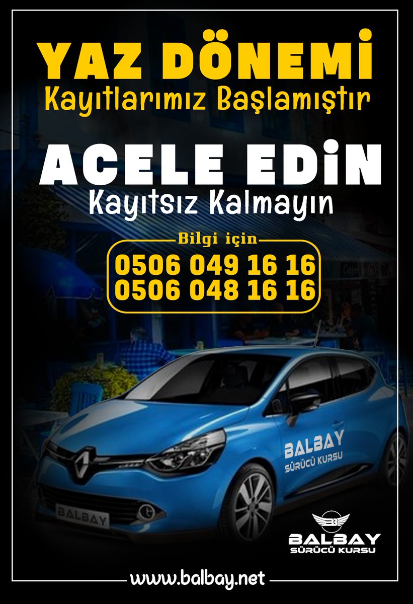 BalbayMTSK's tweet photo. ☀️🚗 YAZ DÖNEMİ KAYITLARIMIZ BAŞLAMIŞTIR!

📞 Bilgi ve kayıt için:
0506 049 16 16
0506 048 16 16
https://t.co/8vaTyFGdzl

📍 Balbay Sürücü Kursu
“Her Adımda Yanınızda”

#BalbaySürücüKursu #YazDönemi #Ehliyet #SürücüKursu #Bursa #EhliyetKursu #YeniKayıt #DireksiyonEğitimi https://t.co/2gaYFBGssj