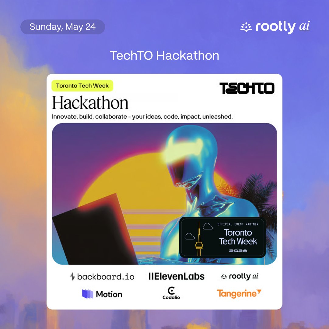 rootlyhq's tweet photo. Toronto Tech Week 2026 is taking over the city next week. And Rootly is hosting 5 events throughout the week.

🛠️ Sun May 24: @TechTO Hackathon. 12 hours, theme is AI personal assistants, with @rootlyhq, @ElevenLabs, blackoboardio, Motion, Codalio, and Tangerine.

🚀 Mon May 25: Toronto Tech Week 2026 Kickoff. Secure and reliable infra night with @Tailscale, @posthog, Ribbon, and Rootly. 331 going, currently waitlist only.

📈 Tue May 26: Scaling Engineering After Product-Market Fit. Panel with engineering leaders from Microsoft, Maple, commonsku, and Rootly. Moderated by Catherine Graham (CEO, commonsku).