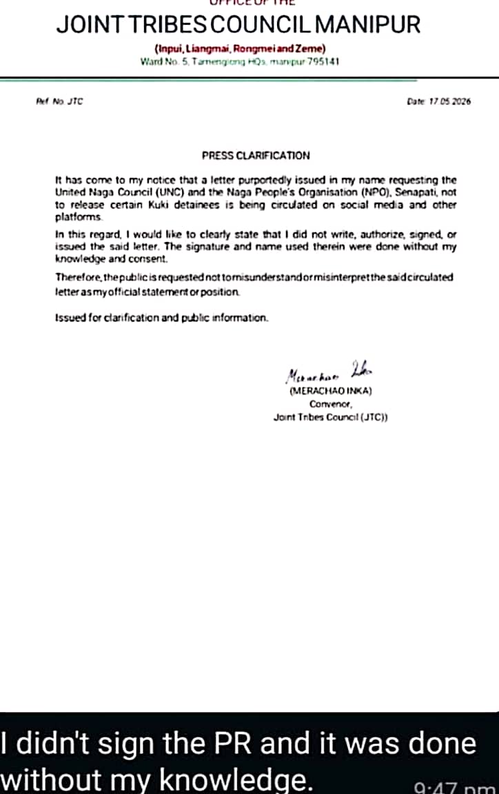 sominthang's tweet photo. A letter, purportedly issued in the name of the Convenor of the Joint Tribe Council requesting the UNC and NPO not to release Kuki hostages, was circulated without his knowledge. It was allegedly circulated by Tangkhuls.
@NELiveTV @ukhrultimes
@renamaniou3
@official_dgar https://t.co/eojPaCoRtJ